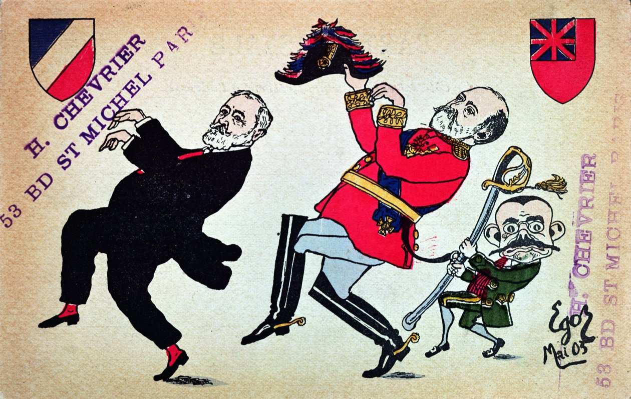 Postal representando o Presidente Loubet (1838-1929) Rei Eduardo VII (1841-1910) e Theophile Delcasse (1852-1923), maio de 1903 de French School