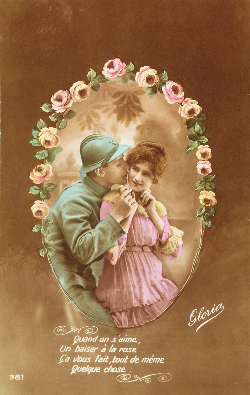 Postal retratando um soldado francês e sua amante, 1914-18 (foto colorida) de French School
