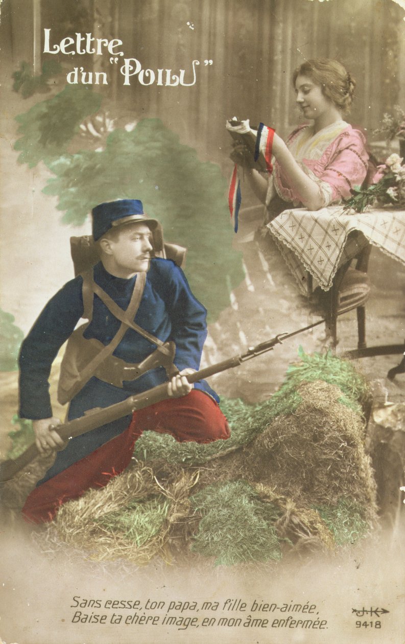 Postal retratando uma carta de um Poilu, 1914-18 (foto colorida) de French School