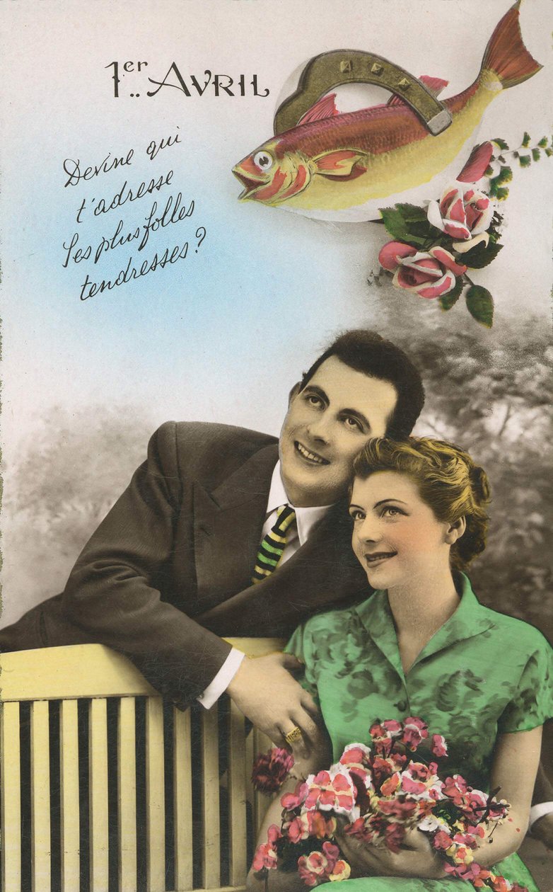 Cartão postal para o primeiro de abril "Adivinha quem se dirige à ternura mais louca". sd. início do século 20 de French School