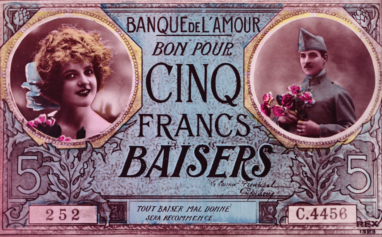 Postal na forma de um vale para cinco kissesfrancs do Banco do Amor, 1914-18 de French School