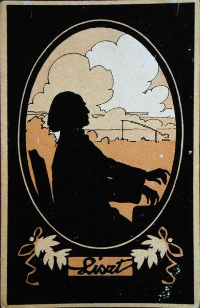 Cartão postal de Franz Liszt (1811-86) com o campo húngaro ao fundo, c.1910 (cor litho) de French School
