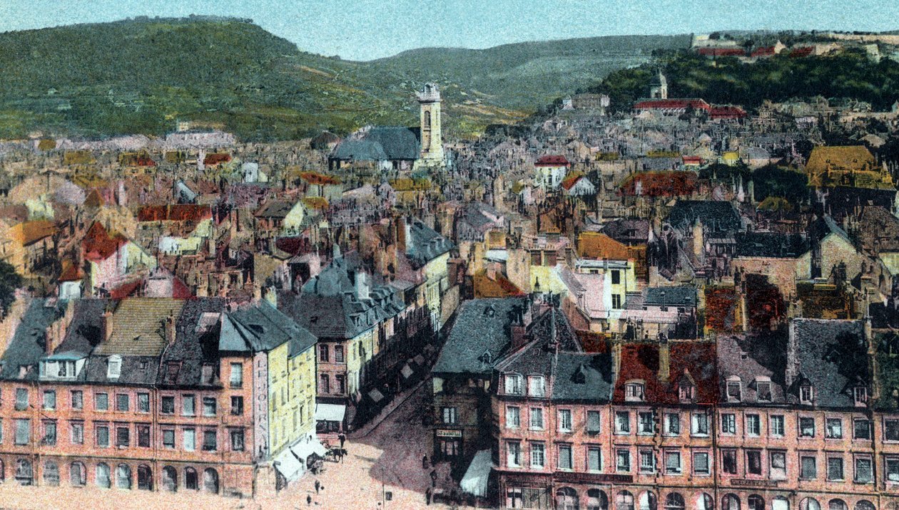 Postal da vista da Torre Madeleine, Besançon, c. 1930 (lito colorido) de French School