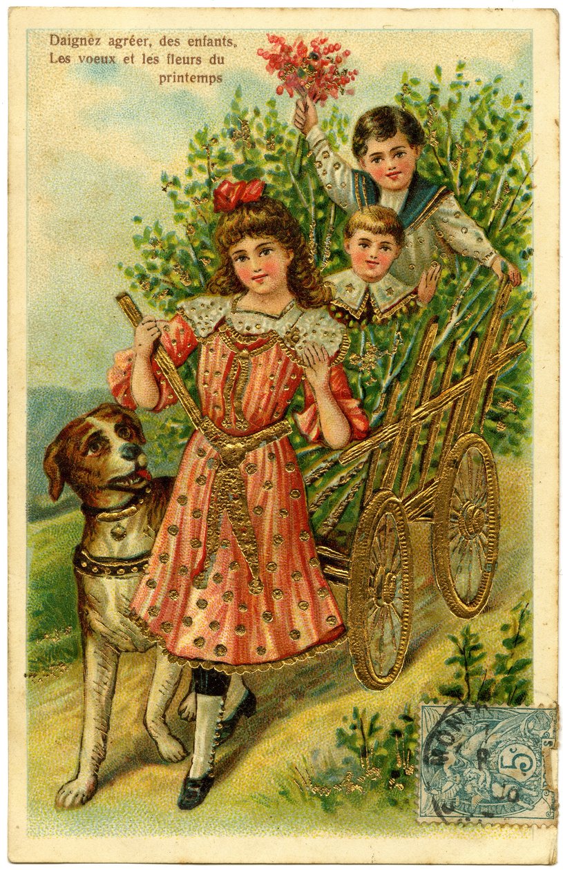 Cartão postal, por favor aceite, desejos das crianças e flores de primavera (papel impresso em cromolitografia com douradura adicional) de French School