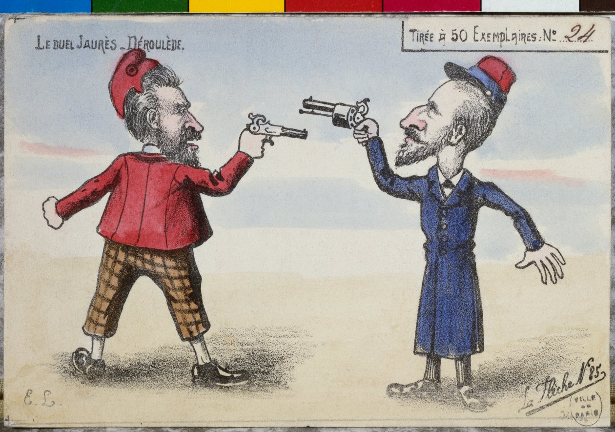 Postal do duelo entre Paul Deroulede e Jean Jaures, dezembro de 1904 de French School