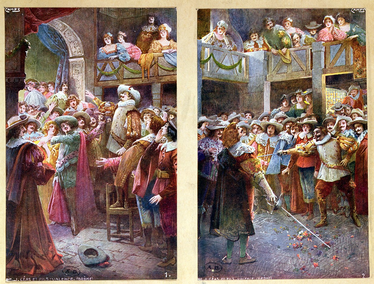 Cartões postais representando Cyrano de Bergerac e o duelo no Hotel de Bourgogne, c.1900 de French School