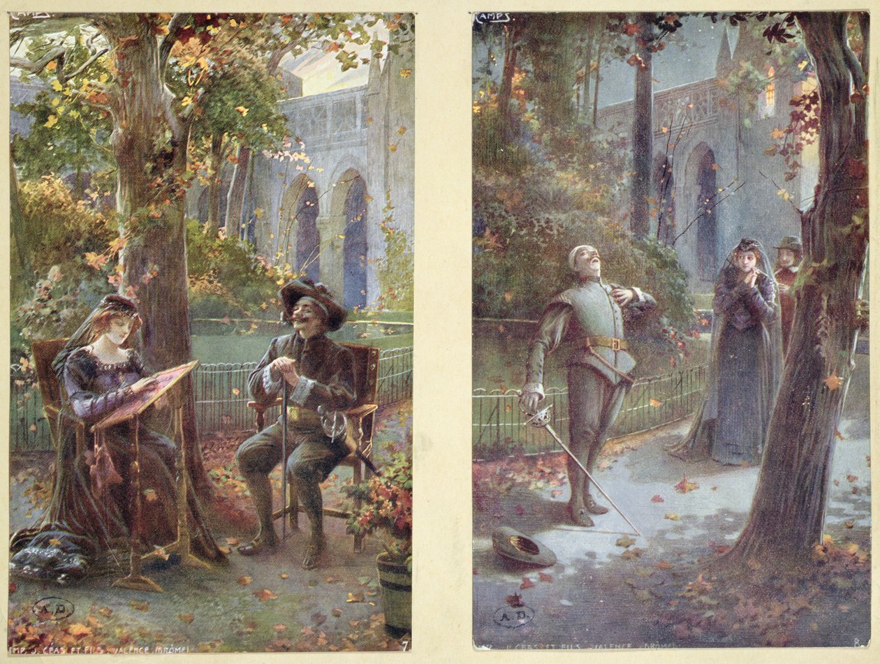 Cartões postais representando Cyrano de Bergerac com Roxanne, c.1900 de French School