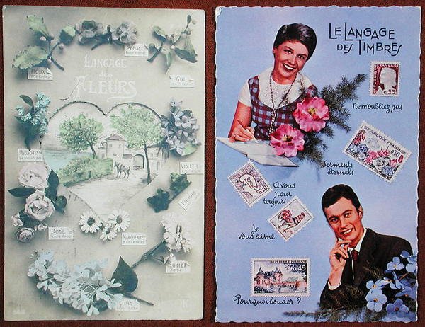 Cartões postais com a linguagem das flores, c. 1913 e dos selos, c. 1963 (cor litho) de French School