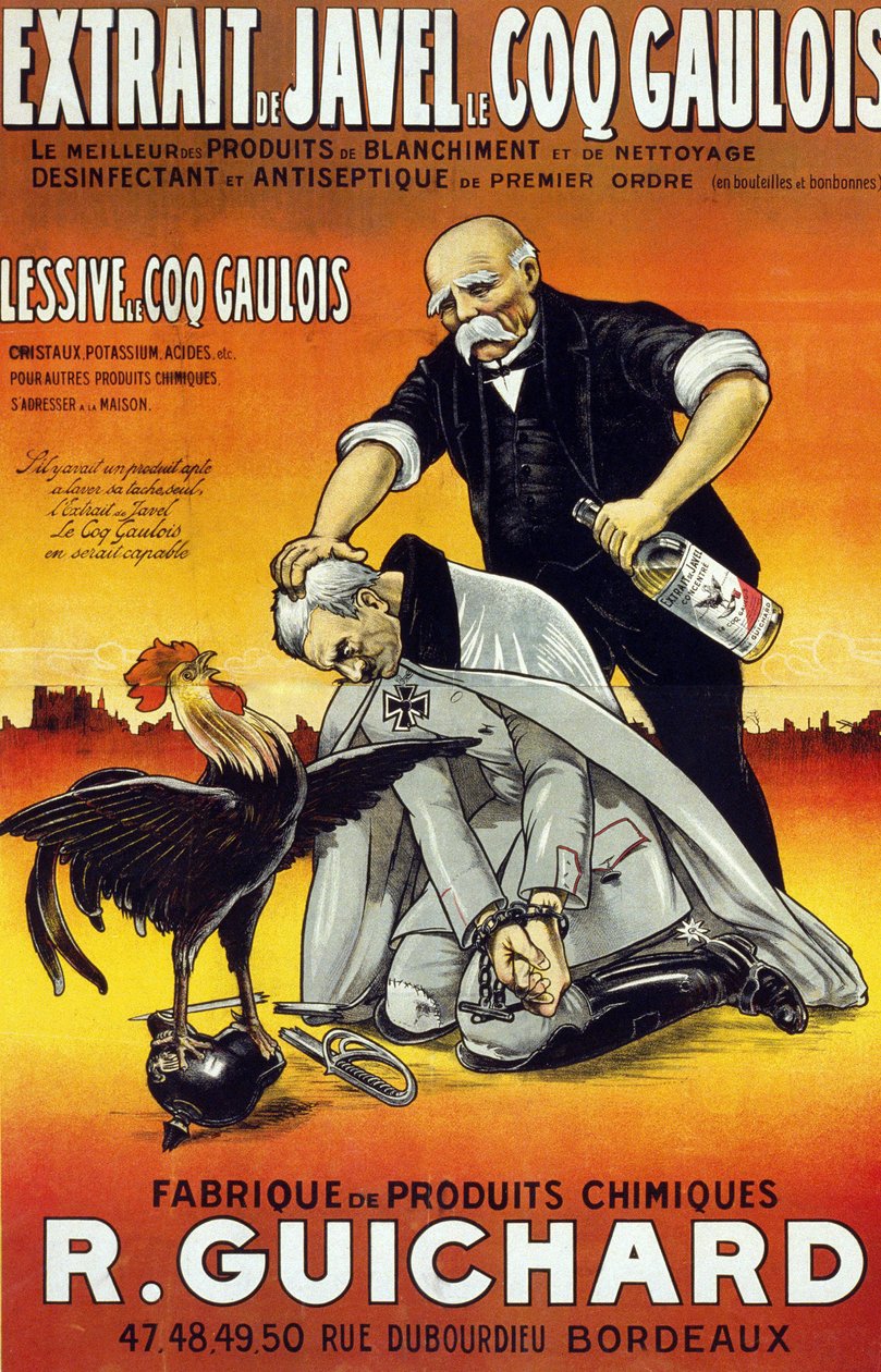 Poster "Bleach Extract Le Coq Gaulois - os melhores produtos de branqueamento e limpeza - desinfectante e anti-séptico de primeira ordem (em garrafas e frascos) - Manufacture de produits chimiques René Guichard" publicado em Bordeaux em 1917. de French School
