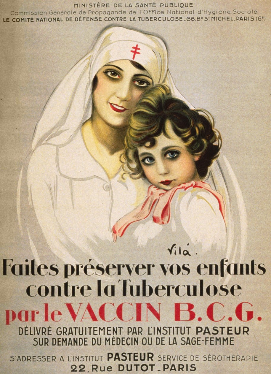 Poster "Proteja os seus filhos contra a tuberculose pela Vacina B.C.G. emitida gratuitamente pelo Institut Pasteur a pedido do médico ou da parteira", por Vilà 1917 de French School