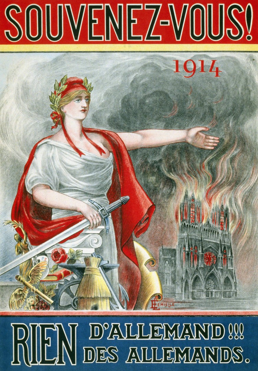 Cartaz "Lembre-se! 1914. Nada alemão!!! dos Alemães". (Marianne mostrando a catedral de Reims em chamas), publicado por volta de 1915. de French School
