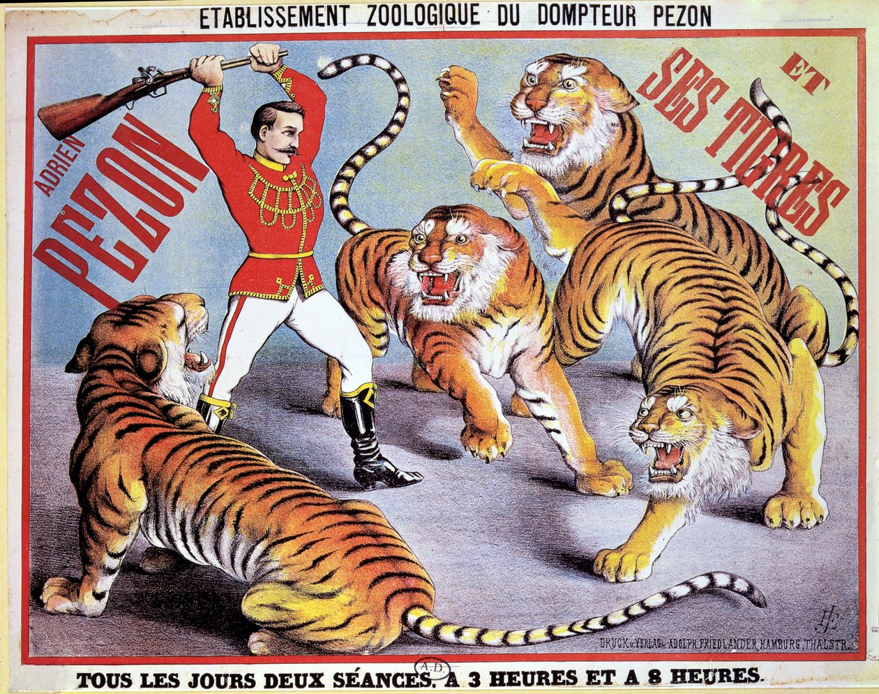 Cartaz publicitário Adrien Pezon e seus Tigres, c.1897 de French School