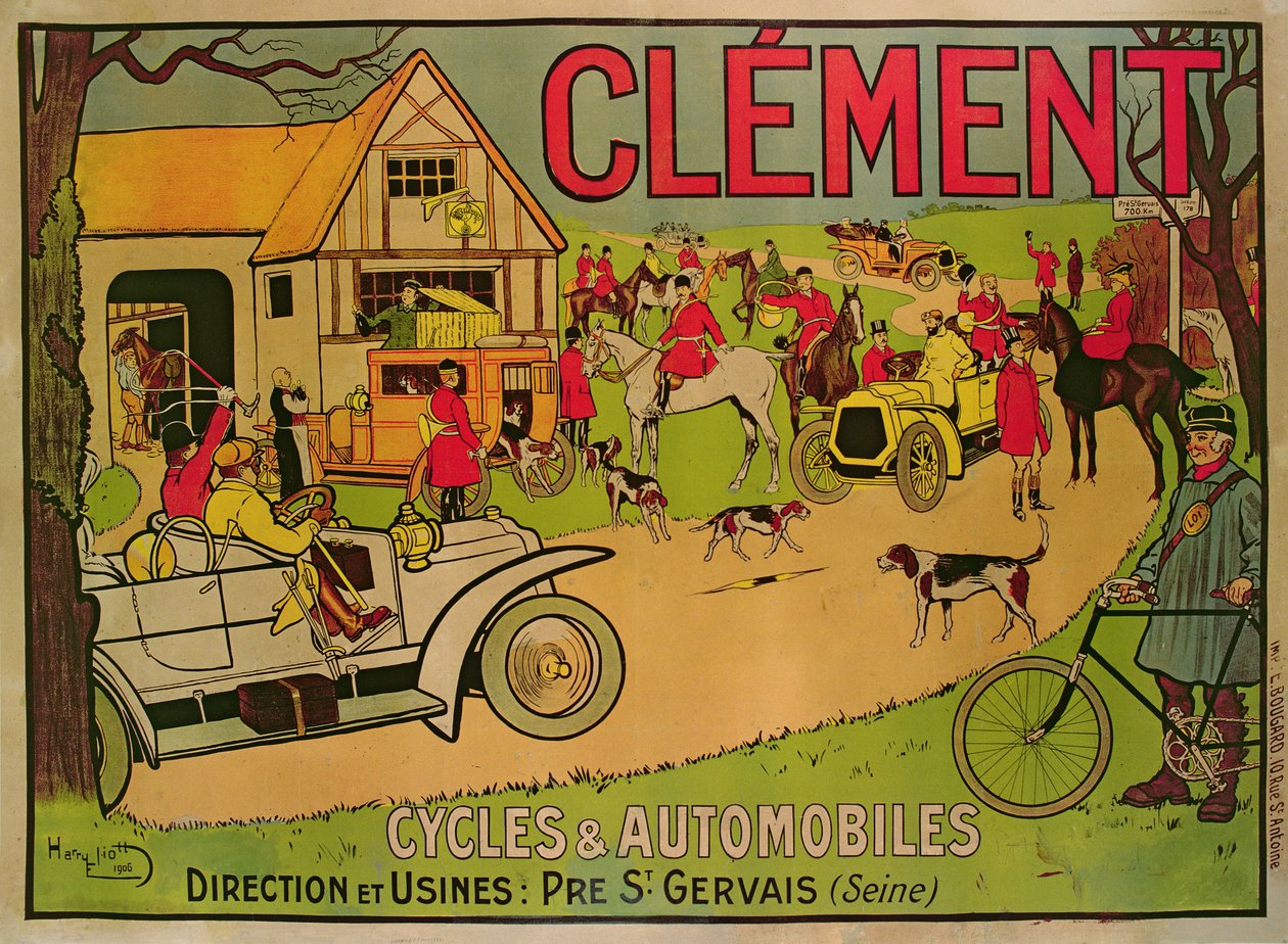 Cartaz publicitário Ciclos e automóveis Clement, Pré Saint-Gervais, 1906 de French School