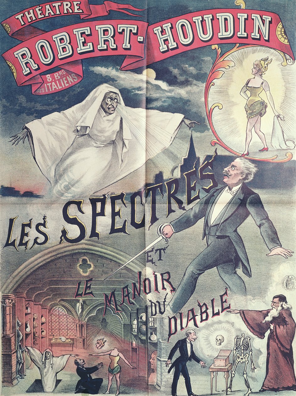 Poster publicidade Fantasmas e a Casa do Diabo no Teatro Robert-Houdin, Paris, c.1870 de French School