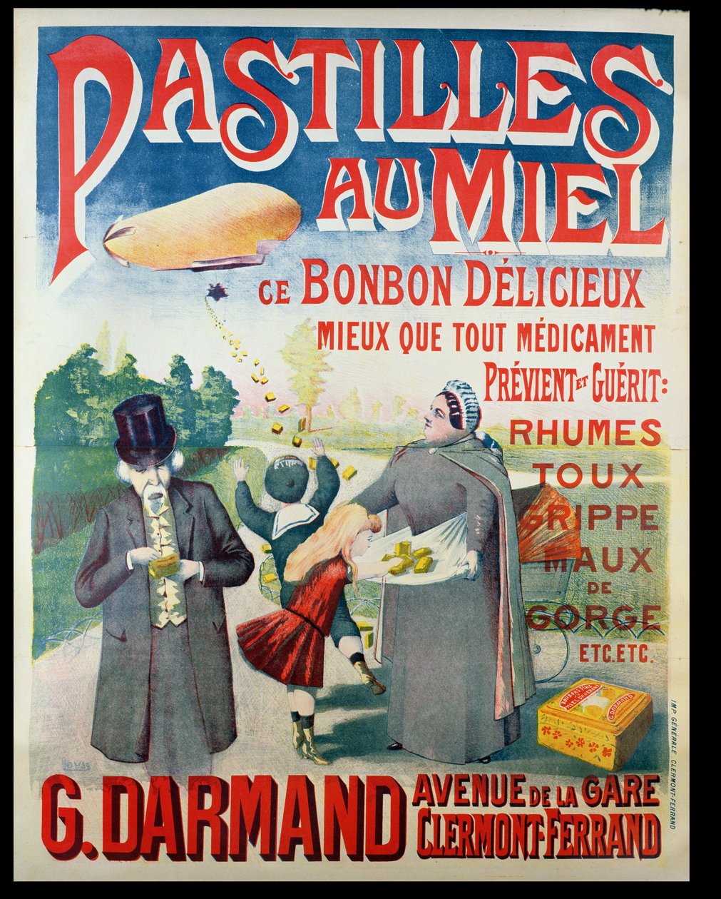 Cartaz publicitário Pastilles au Miel, pastilhas de mel, feitas por G. Darmand de French School