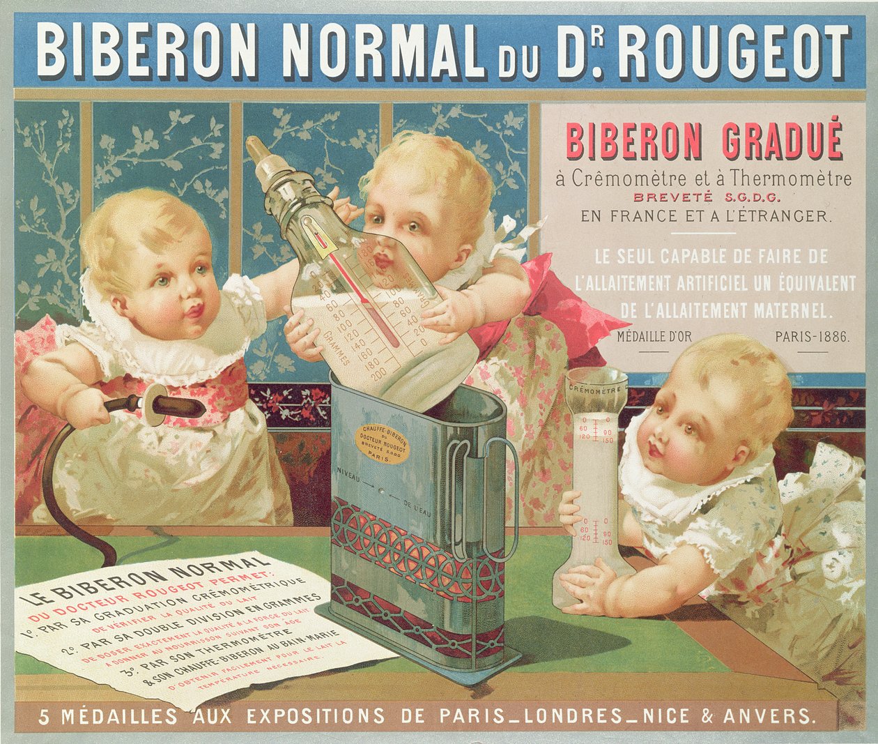Cartaz publicitário de uma garrafa graduada desenhada por Dr. Rougeot, 1887 de French School