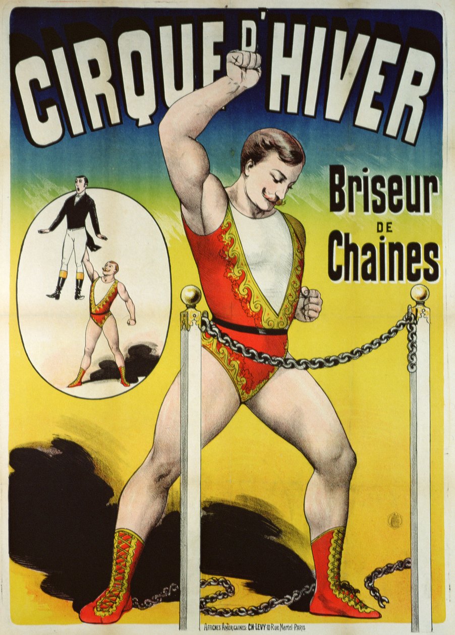 Cartaz publicitário de um homem forte no Cirque dHiver de French School