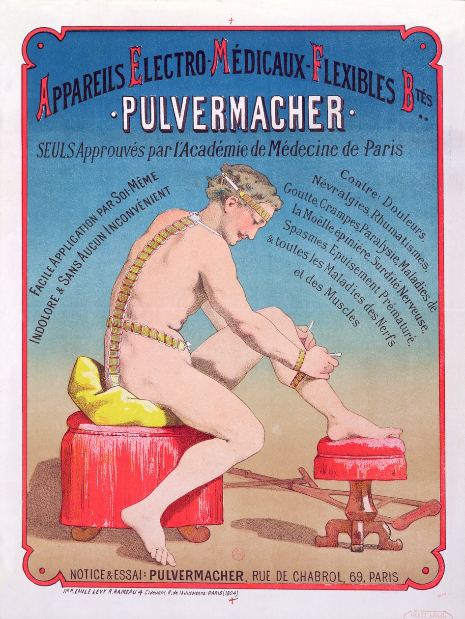 Cartaz publicitário de uma massagem corporal eletro-médica e máquina de estimulação Pulvermacher, 1884 de French School