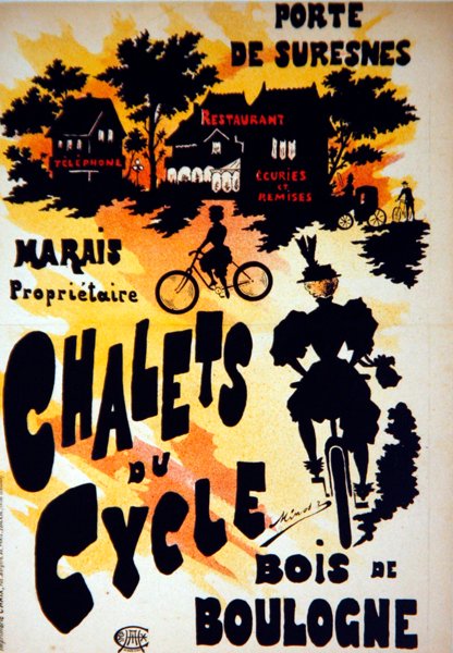 Cartaz publicitário dos Chalets du Cycle, Bois de Boulogne, perto da Porte de Suresnes de French School