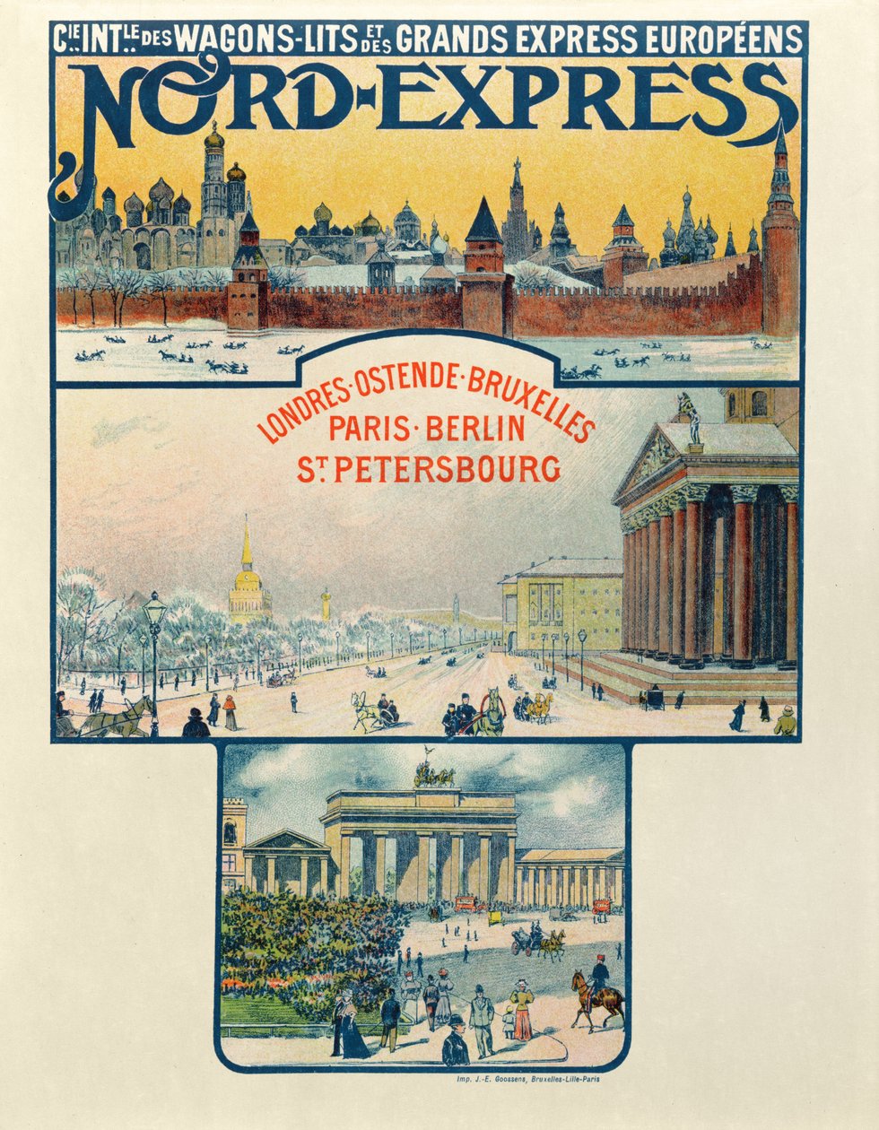 Cartaz publicitário da Wagons-Lits Company e Great European Express, Londres para São Petersburgo, início do século XX de French School