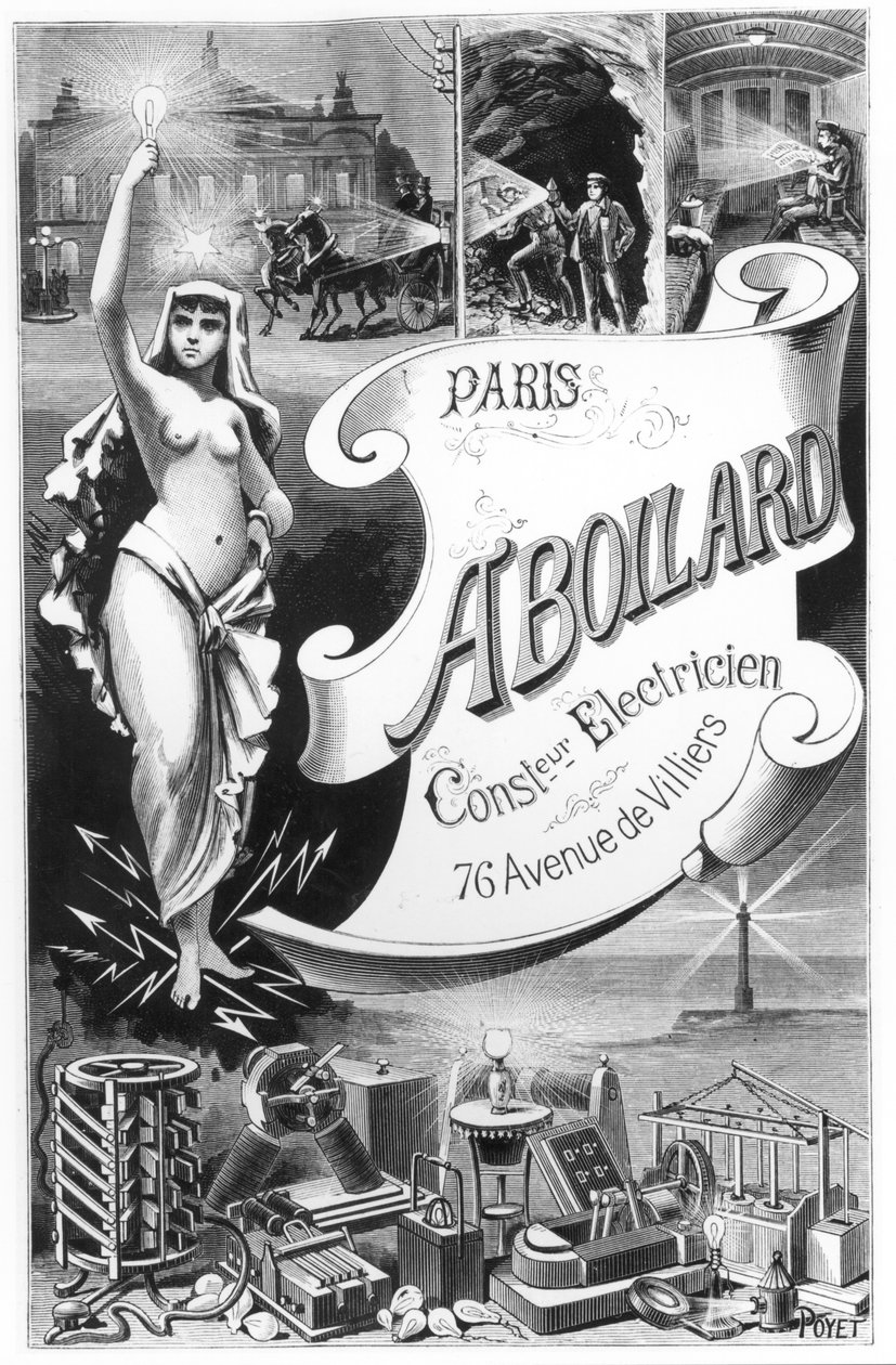 Cartaz que anuncia a fada da eletricidade e os vários usos da eletricidade, final do século XIX de French School