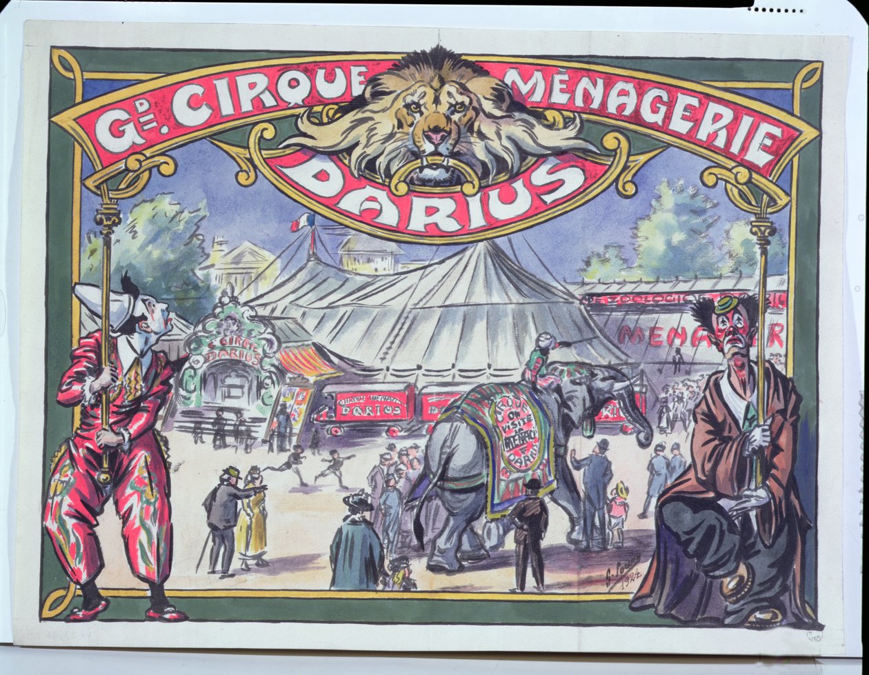 Cartaz publicitário do Grande Cirque Menagerie Darius, 1924 (wc no papel) de French School