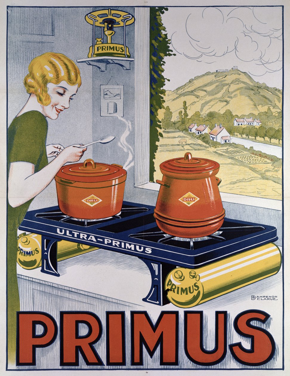 Cartaz publicitário da placa Primus, impresso por Dampenon & Elarue de French School