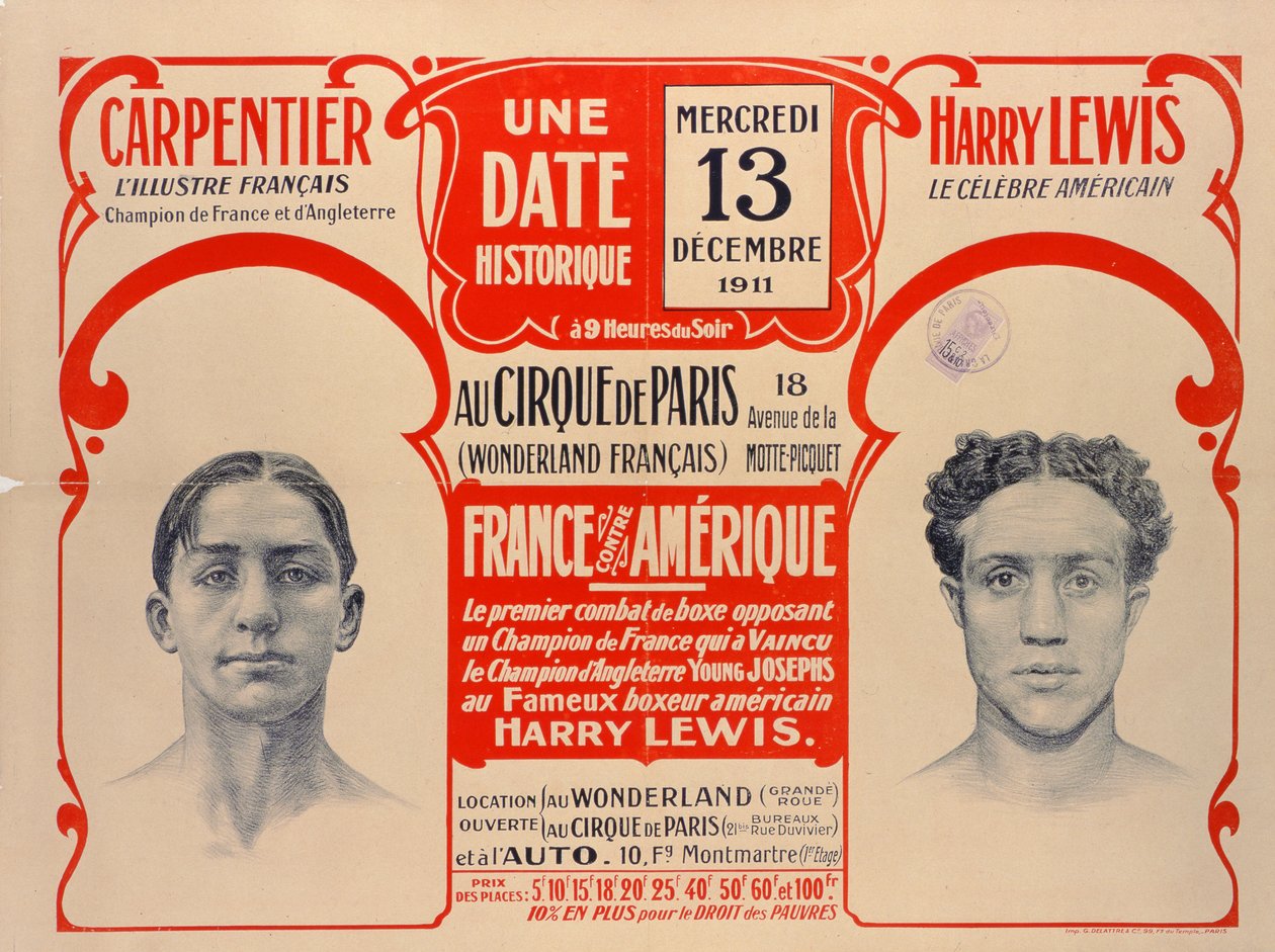 Poster publicidade a luta de boxe entre Carpentier e Harry Lewis, 1911 de French School