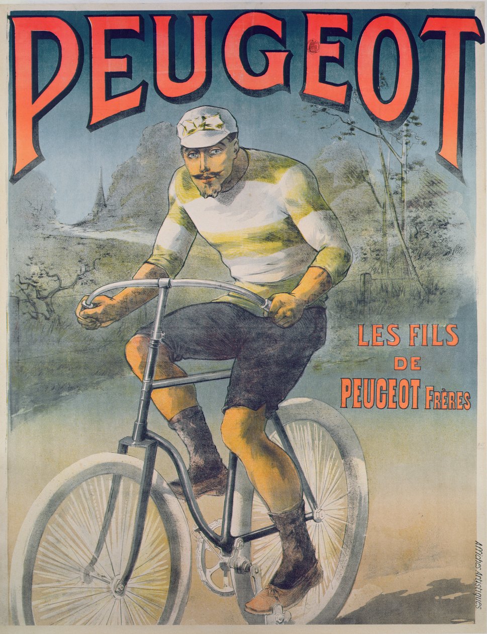 Cartaz publicitário dos ciclos Peugeot (gravura a cores) de French School