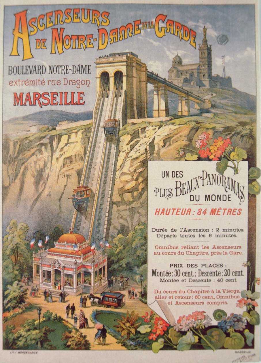 Cartaz publicitário do elevador de Nossa Senhora da Guarda, Marselha, c.1900 de French School