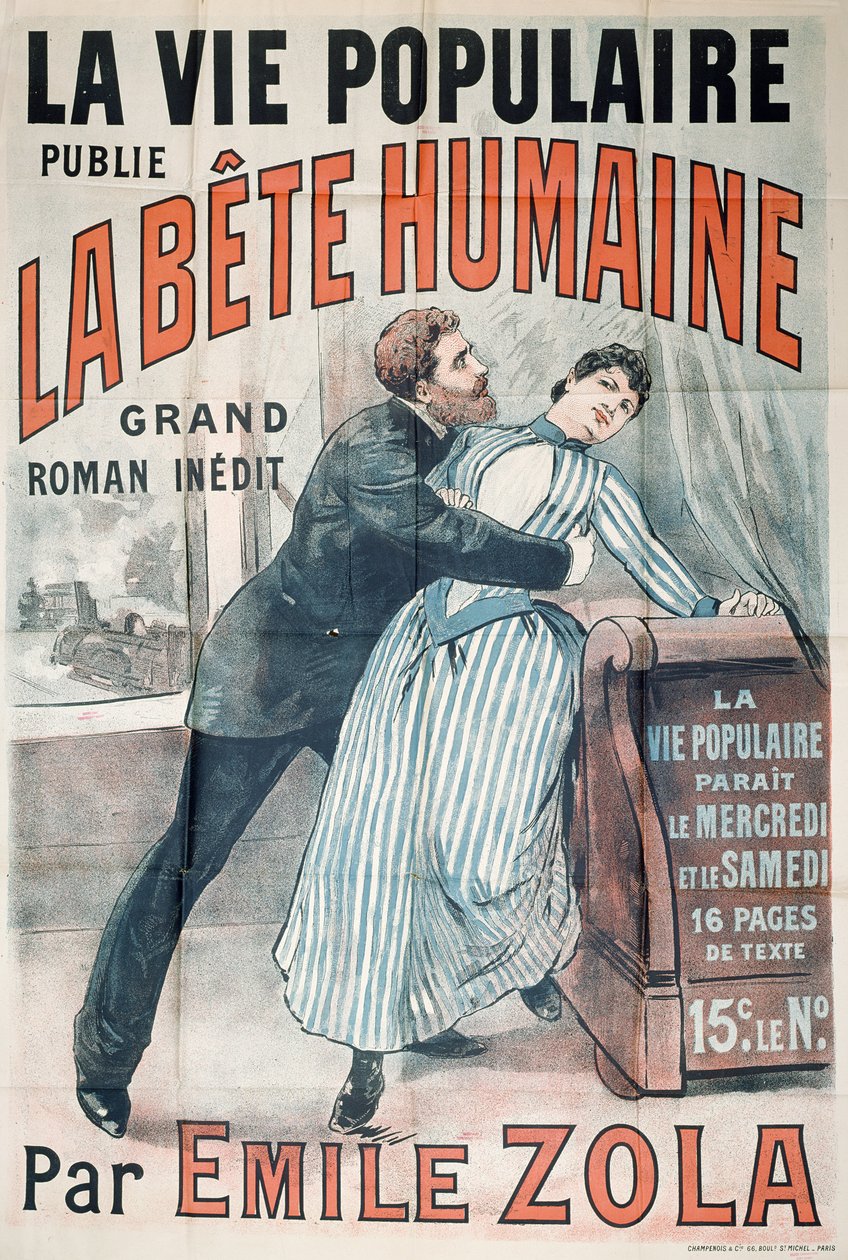Cartaz publicitário da publicação de A Human Beast por Emile Zola (1840-1902) em La Vie Populaire, c.1890 de French School