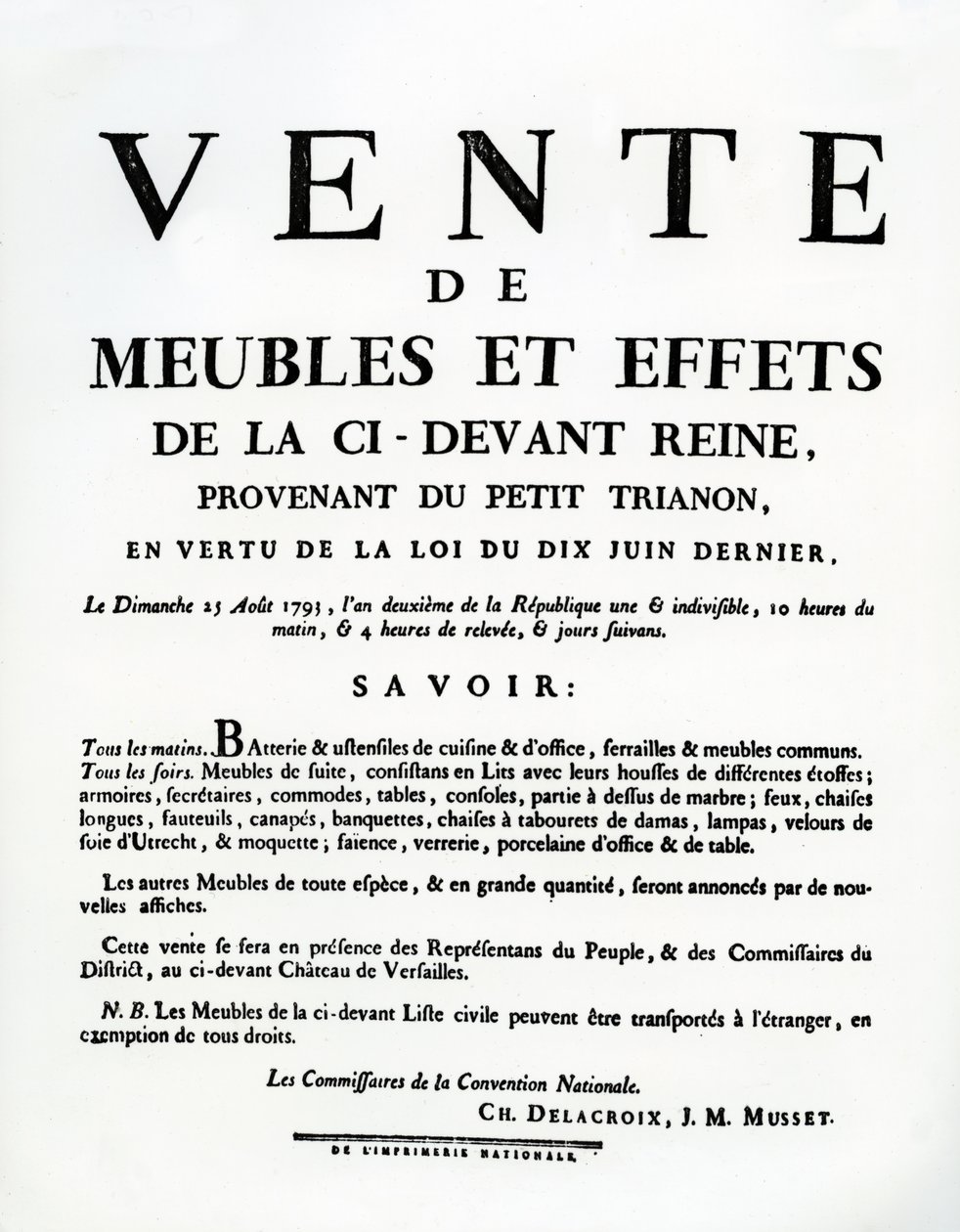 Cartaz publicitando a venda dos móveis e efeitos de Marie-Antoinette no dia 25 de Agosto de French School