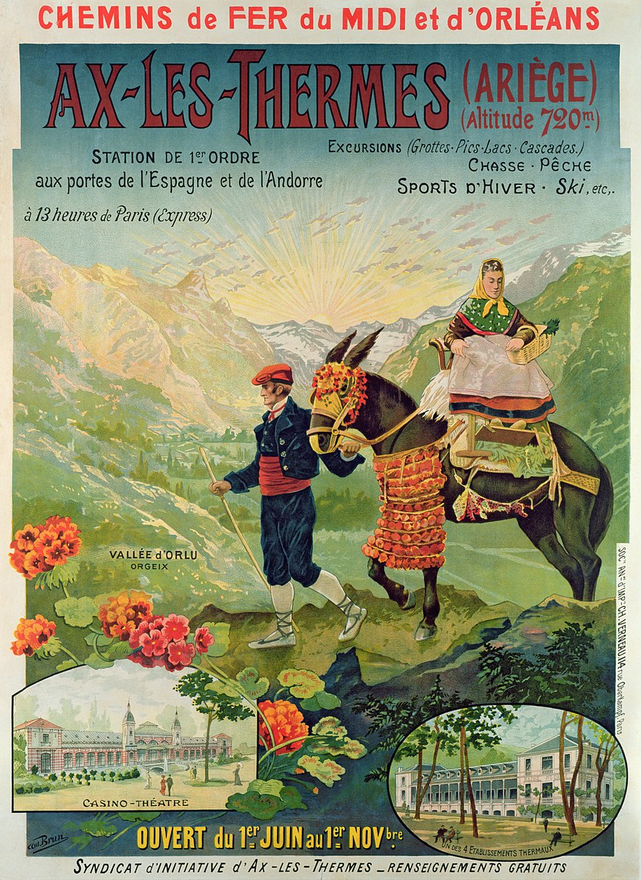 Poster publicidade da estância de esqui de Ax-Les-Thermes, França, c.1900 de French School