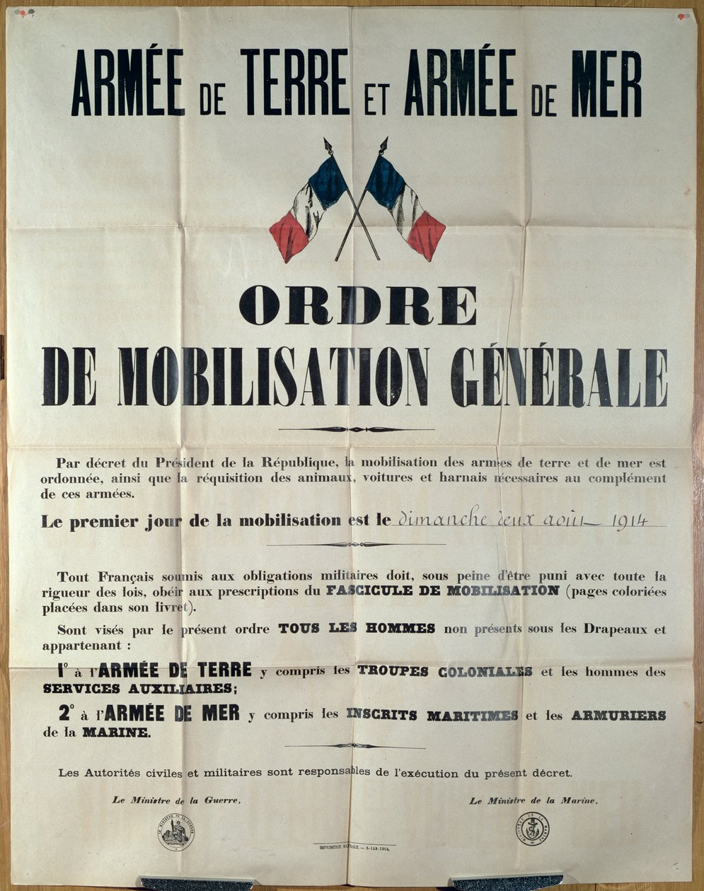 Cartaz anunciando a mobilização geral na França, em 2 de agosto de 1914 pelo Ministério da Guerra e da Marinha de French School