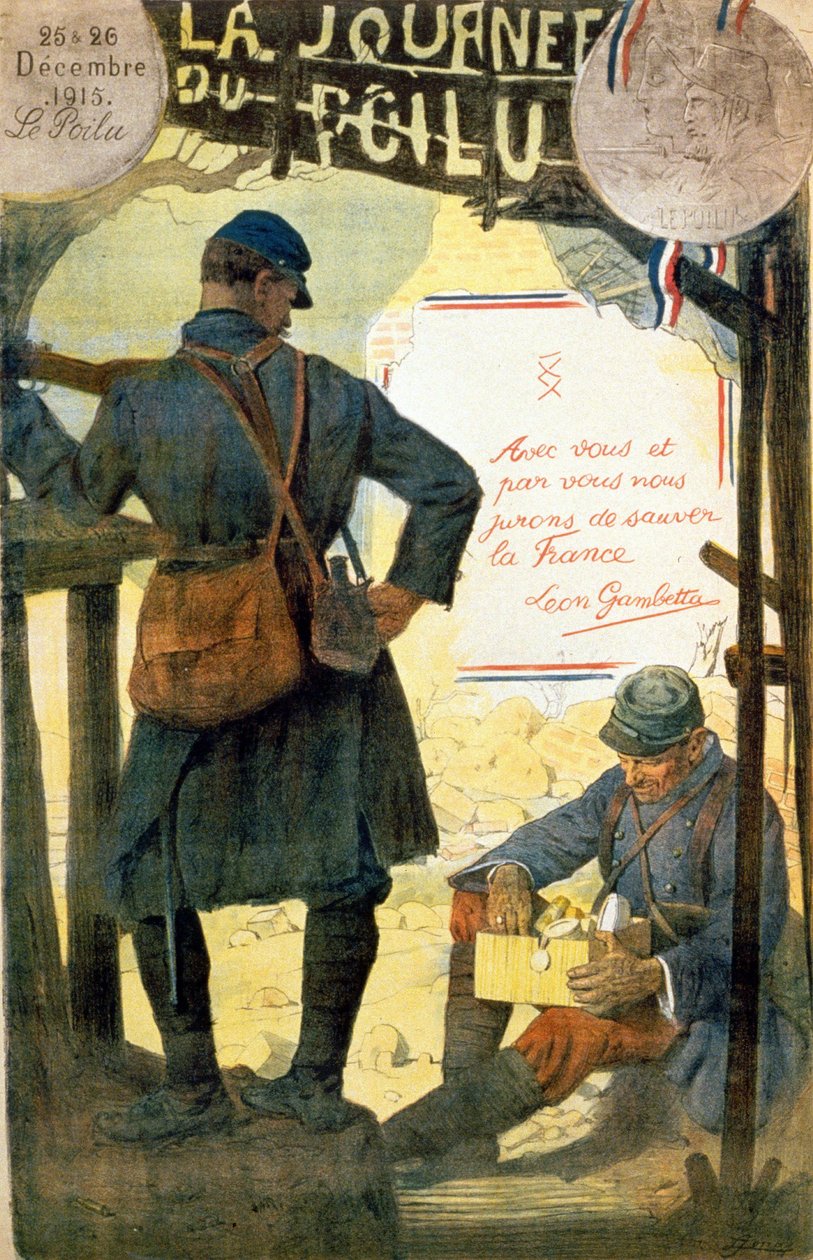 Cartaz de "La journée du poilu - 25 et 26 décembre 1915" com a citação de Léon Gambetta "Contigo e por ti juramos salvar a França". (uma abertura cabeluda da caixa recebida da sua família). de French School
