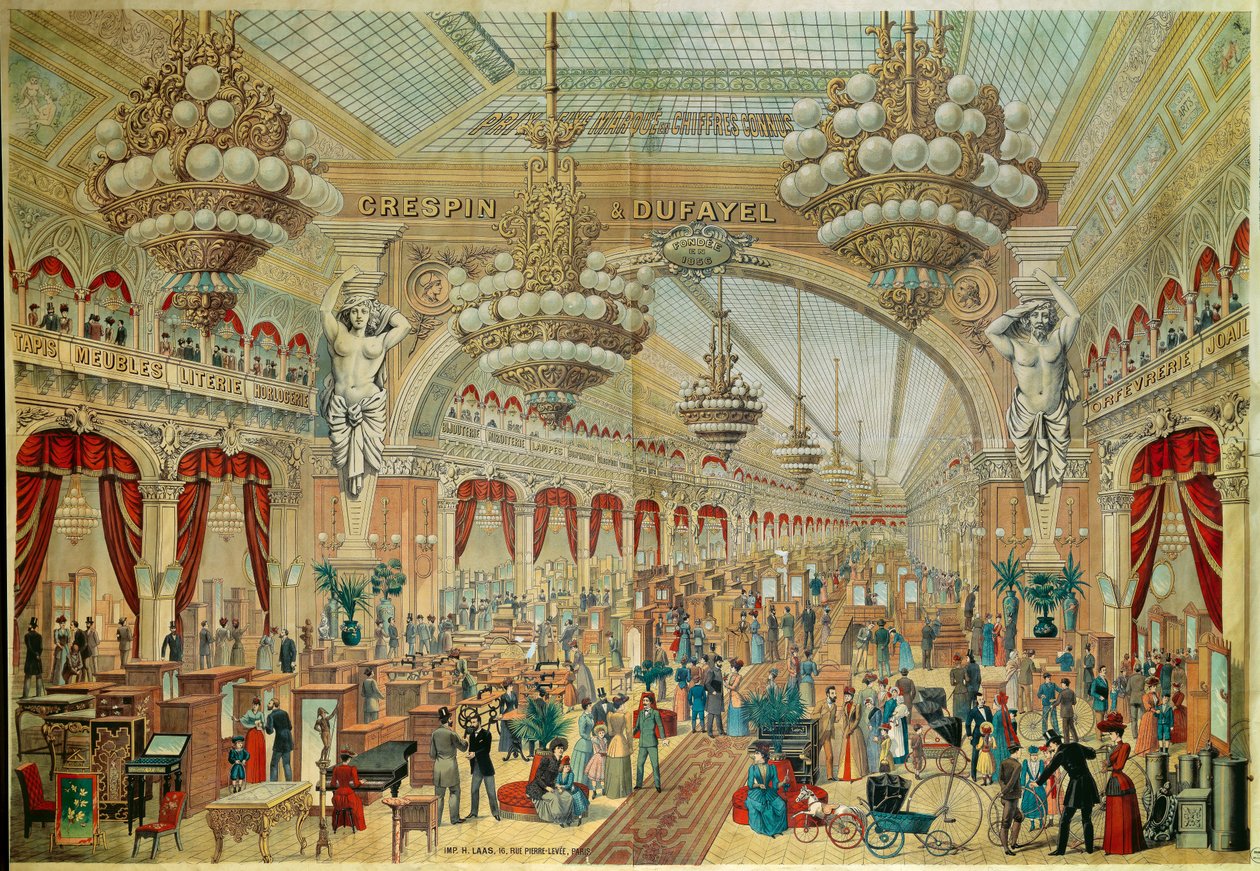 Cartaz para lojas (ou galerias) Crespin Dufayel no Boulevard Barbes em Paris. Paris do século XIX. Artes Decorativas de French School