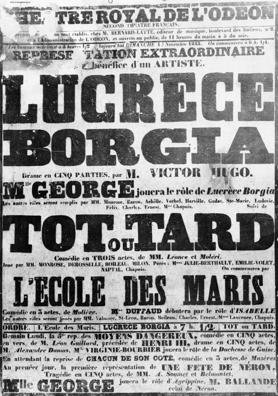 Cartaz para o desempenho de Lucretia Borgia no Odeon, 1843 de French School
