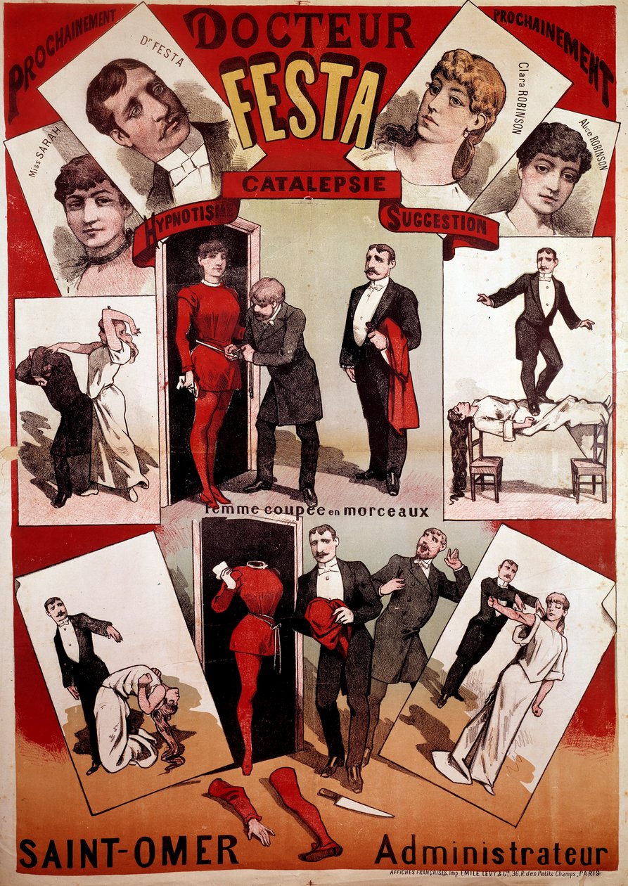 Cartaz de apresentação do espetáculo de magia do ilusionista Doutor Festa, início do século XX (gravura) de French School