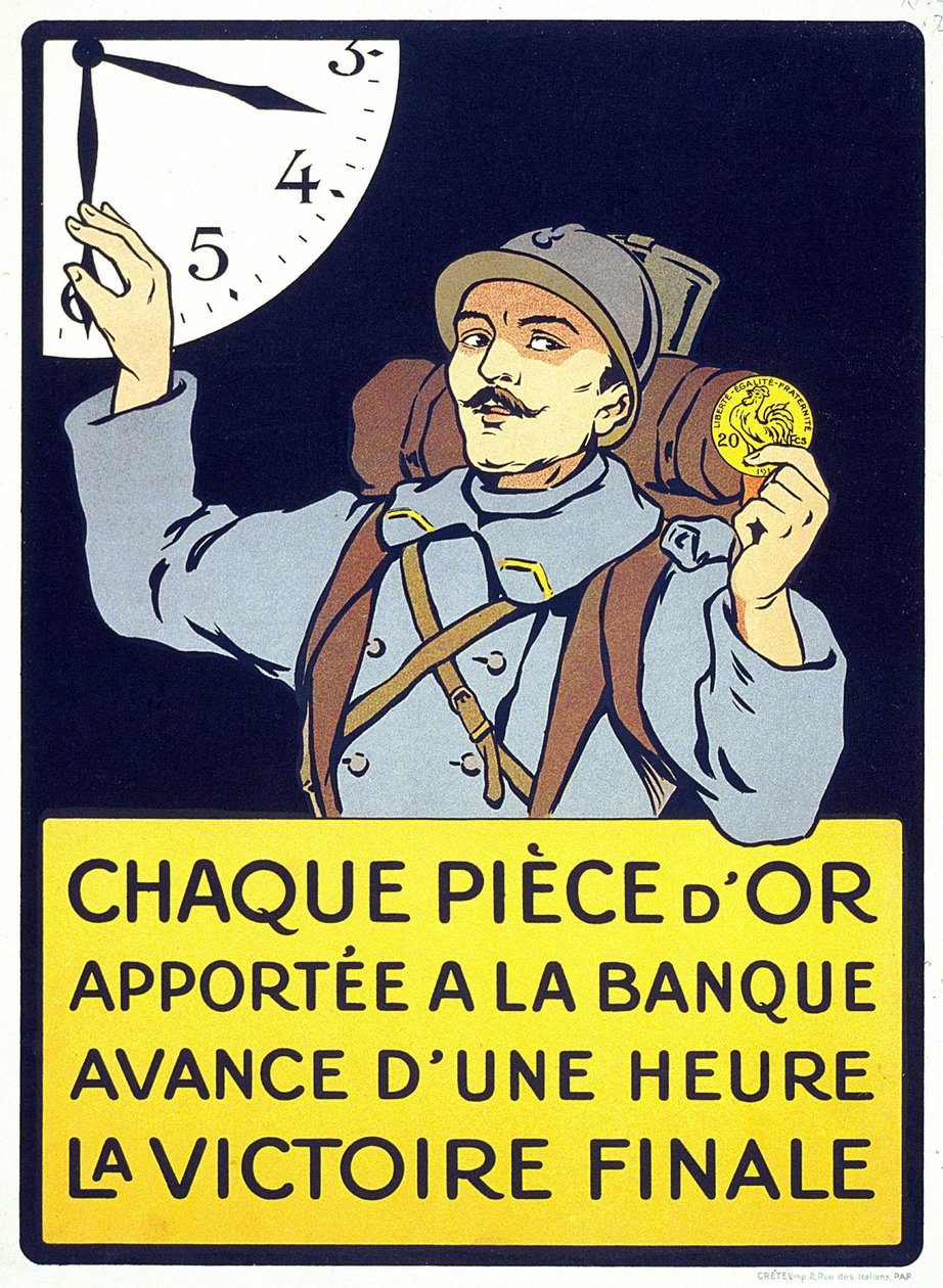 Cartaz impresso em 1914: "Cada moeda de ouro trazida ao banco adianta a vitória final em uma hora" (um homem peludo segurando uma moeda de franco). de French School