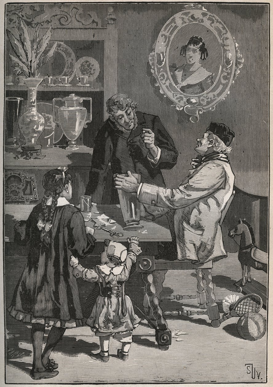 Potichomy, um processo do século XIX para imitar vasos de porcelana da China e do Japão. Gravura a partir de 1880 em "Les arts et metiers illustres" de Adolphe BITARD. de French School