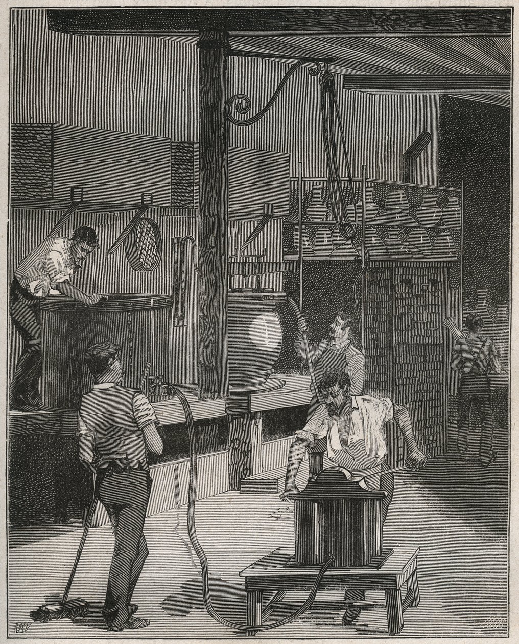 Cerâmica, Fabricação de Sevres: Oficina de fundição a vácuo e a ar comprimido. Gravura a partir de 1885 em "Les arts et metiers illustres" de Adolphe BITARD. de French School