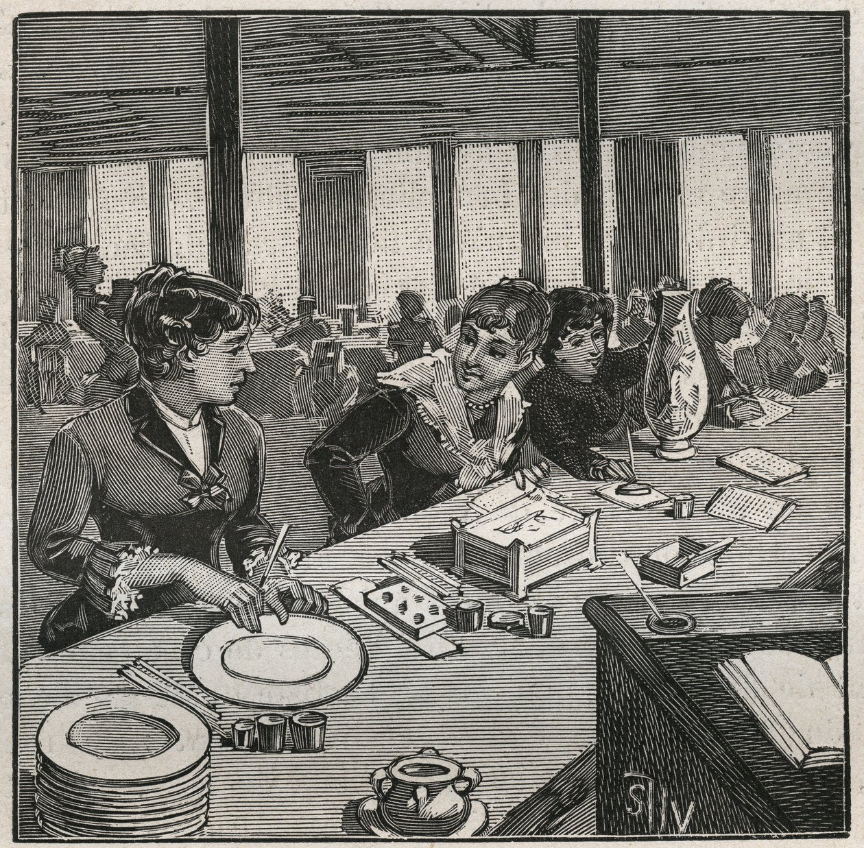 Olaria: oficina de pintura em porcelana no século XIX, em França. Gravura a partir de 1880 em "Les arts et metiers illustres" de Adolphe BITARD. de French School