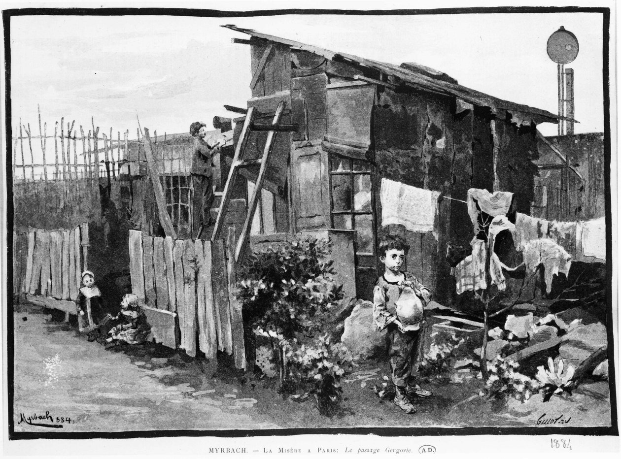 A pobreza em Paris: favelas, a passagem do Gergovie. 1884. Bibl. des Arts decos. de French School