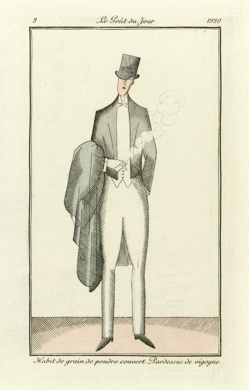 Coberto com hábito de grão em pó. Casaco de vicunha de Costumes Parisiens, pub.1912 (gravura a mão colorida) de French School