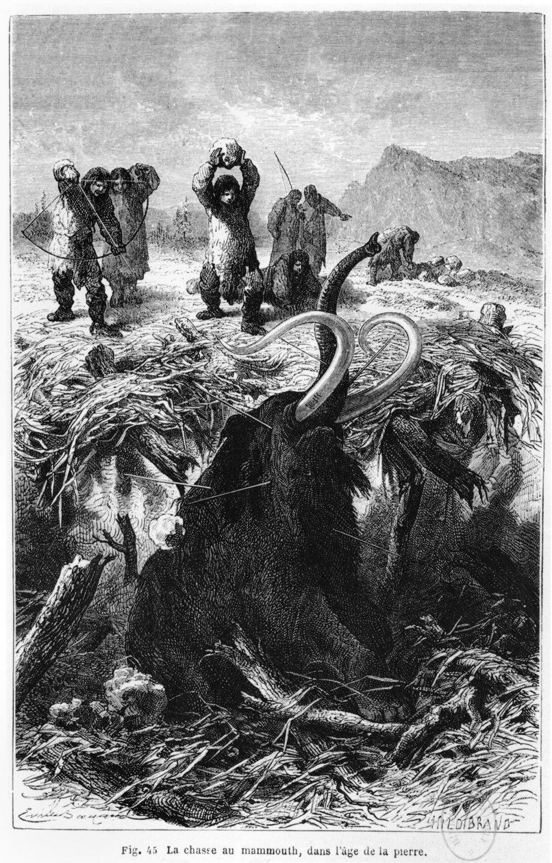 Homens pré-históricos de caça em Mamute, ilustração do homem primitivo por Louis Figuier, publicado Hachette, Paris, 1870 de French School