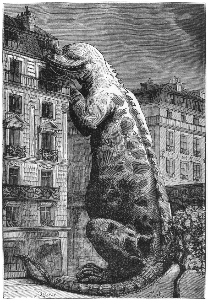 Monstro pré-histórico em uma cidade moderna, gravada por Motty (século XIX) ilustração do Le Monde Avant la criação de lHomme por Camille Flammarion, publicado pela Marpon e Flammarion, 1886 (gravura de French School