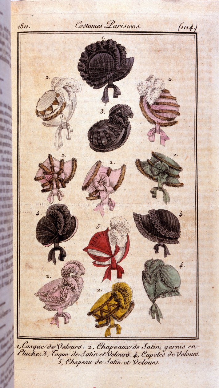 Premier empire fashion: diferentes modelos de chapéus de senhora, capacete de veludo, chapéus de cetim, chapéu e preservativos. Gravura a partir de 1811 de French School