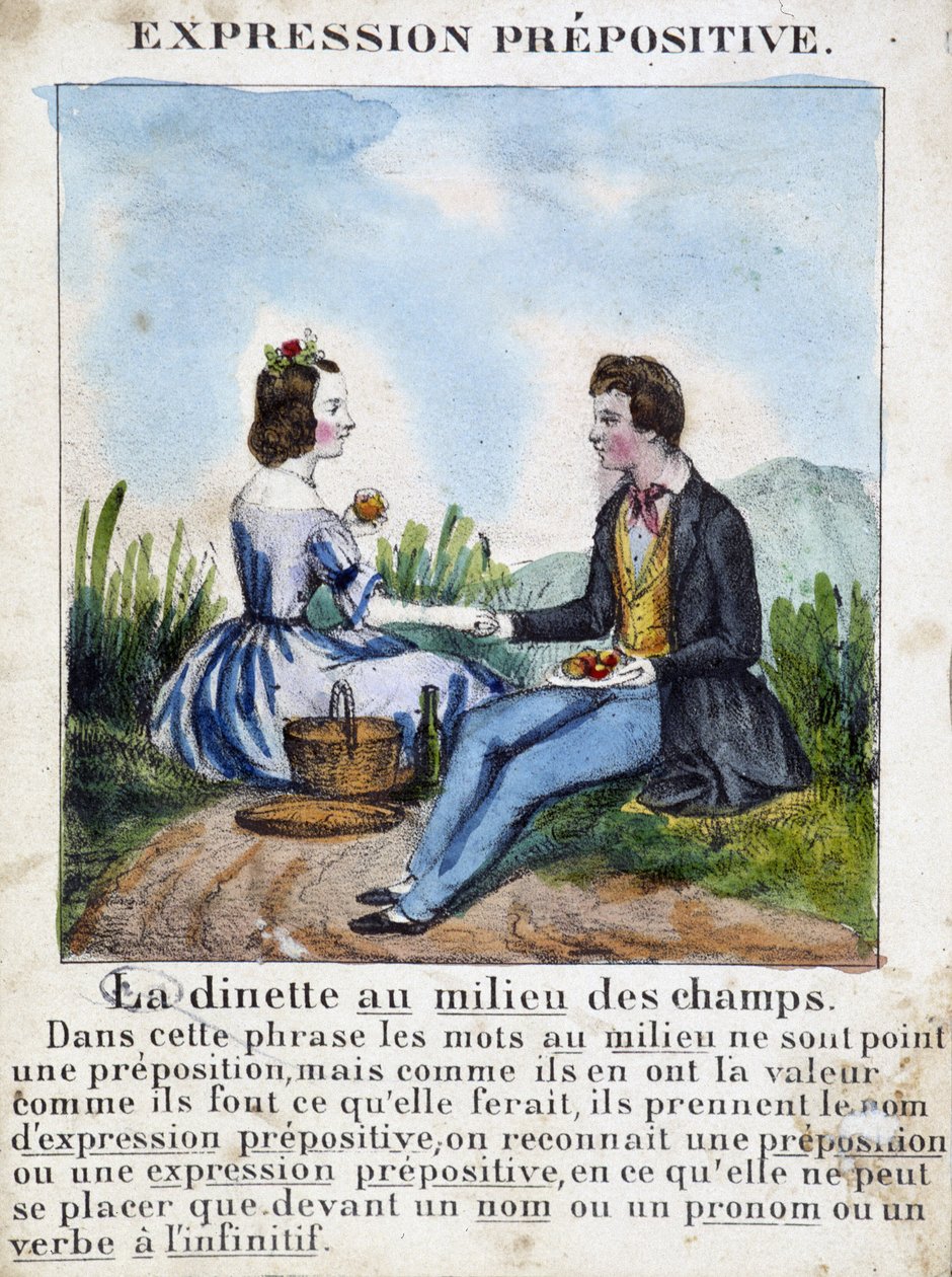 Expressão prepositiva (A pequena sala de jantar no meio dos campos) - livro de gramática em imagens, por volta de 1850 de French School