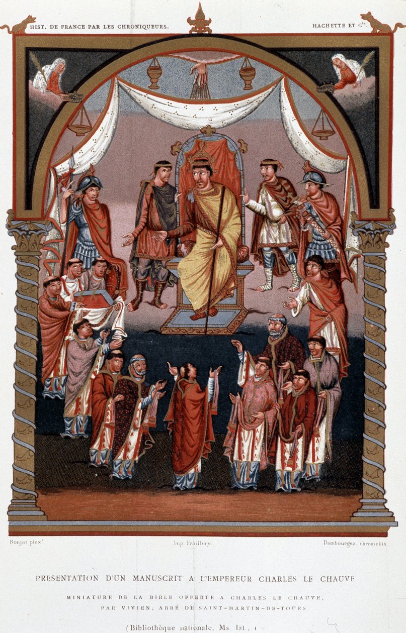 Apresentação de um manuscrito a Charles the Bald, 9th, "Les Chroniqueurs de l
