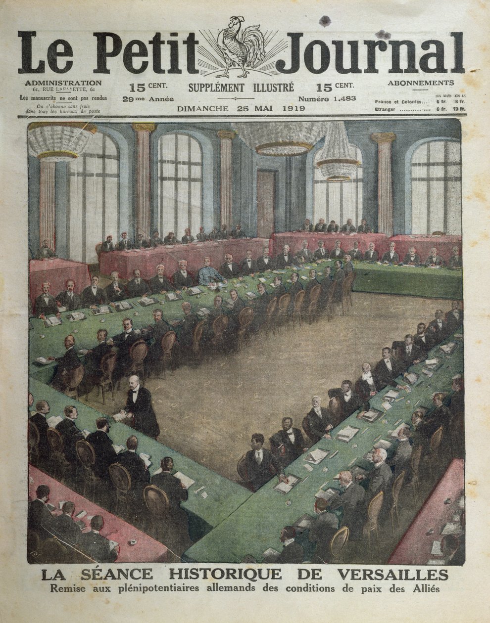 Apresentação das condições aliadas de paz aos delegados alemães em 7 de maio de 1919 em Versailles, capa do Le Petit Journal, 25 de maio de 1919 de French School